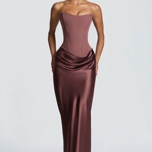 Chic Strapless Satin Gown in Rich Brown